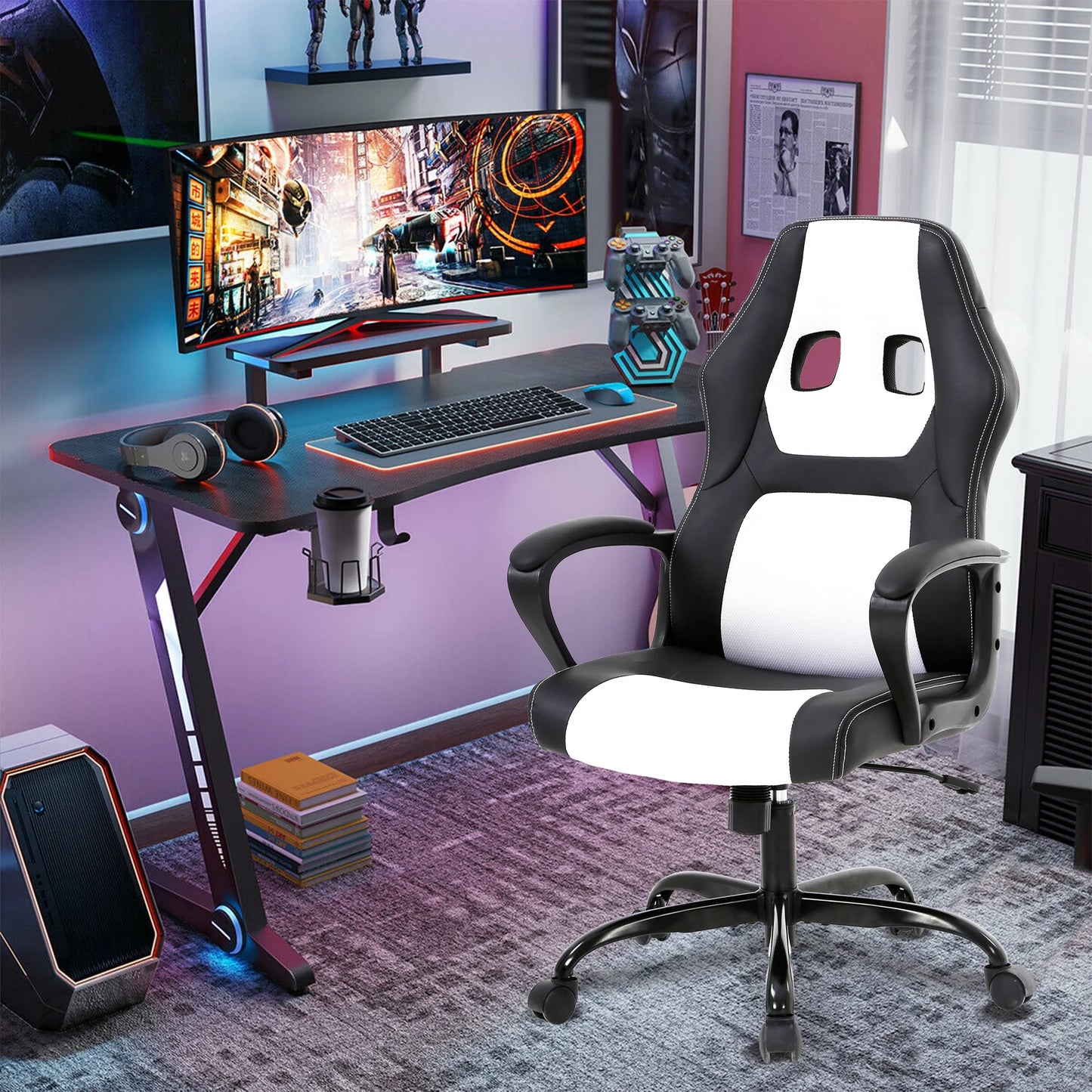 Gaming Chair PC Gaming Chair Gaming Chairs for Adults, Computer Chair PU Leather Office Desk Chair with Arms & Back Ergonomic High-Back Video Game Chair(White)