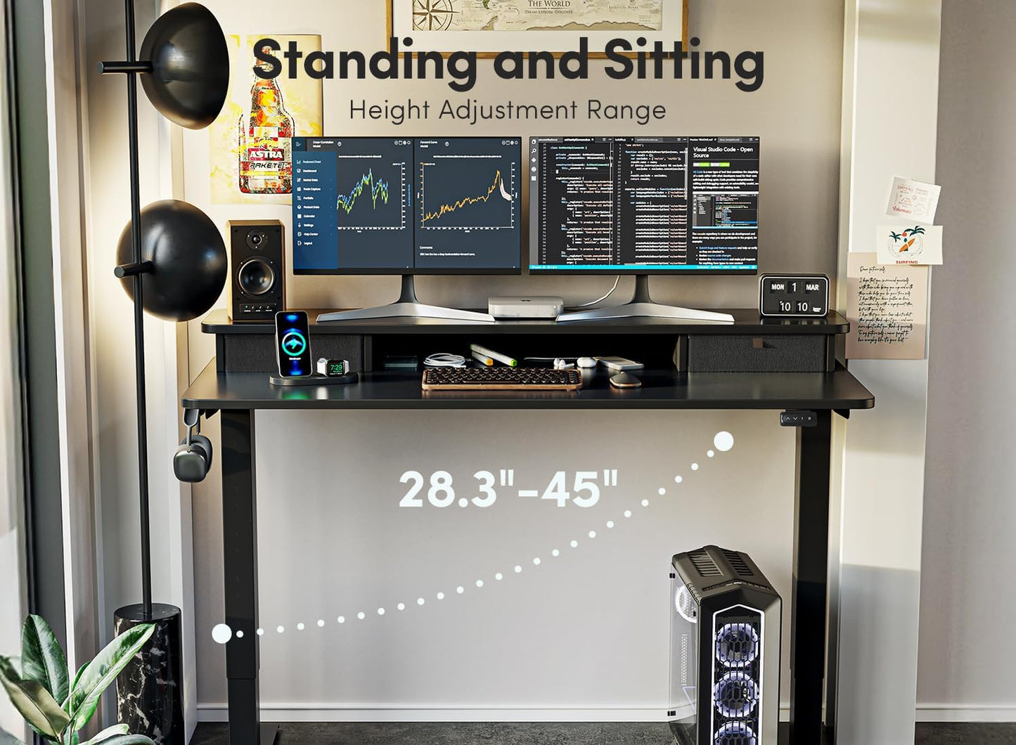 60 X 24 Inch Height Adjustable Electric Standing Desk with Double Drawer, Stand up Desk with Storage Shelf, Sit Stand Desk, Black