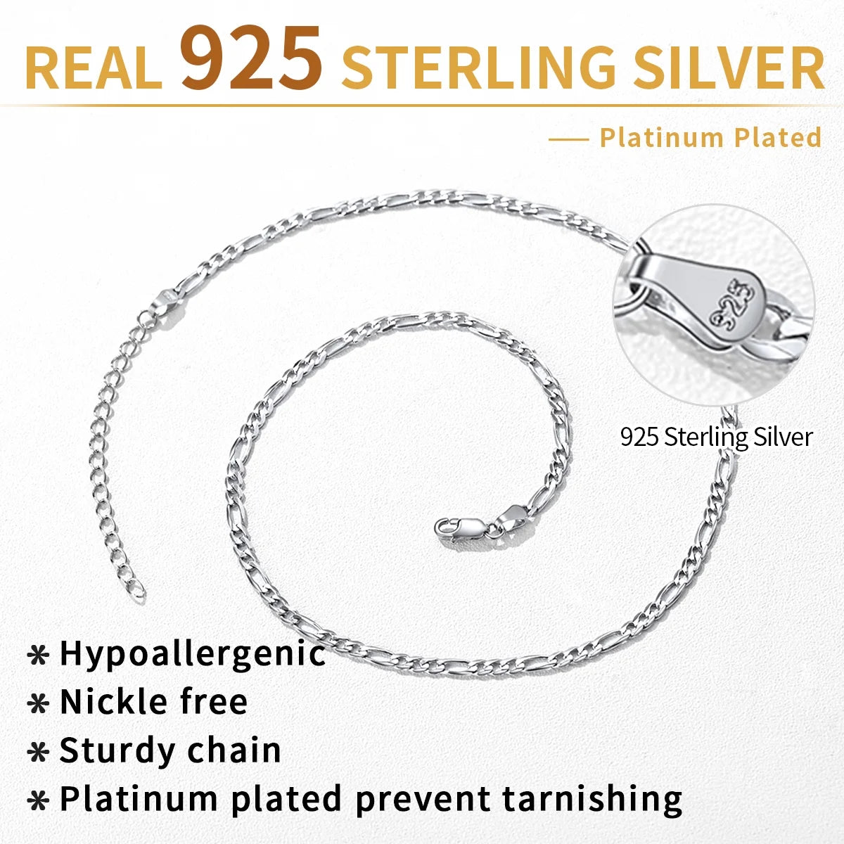 Italian S925 Sterling Silver 3Mm Figaro Chain Necklace, Suitable for Men and Women Jewelry Gifts for Anniversaries, Birthdays, Holidays, Special Occasions