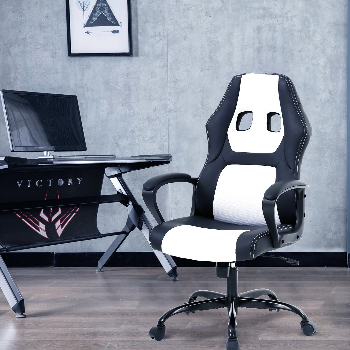 Gaming Chair PC Gaming Chair Gaming Chairs for Adults, Computer Chair PU Leather Office Desk Chair with Arms & Back Ergonomic High-Back Video Game Chair(White)