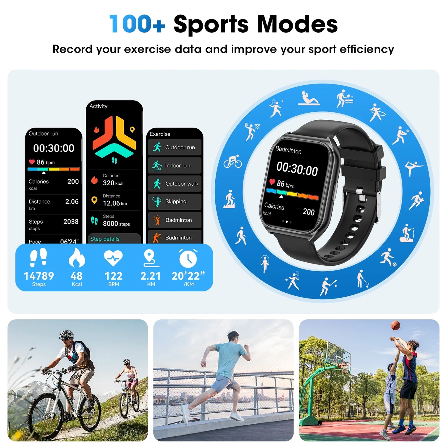 1.85 Inch Women'S Men'S Smartwatch Fits for Android & Iphone Devices with Fitness Tracker, 100+ Sport Modes, IP68 Waterproof Fitness Watch (Black)
