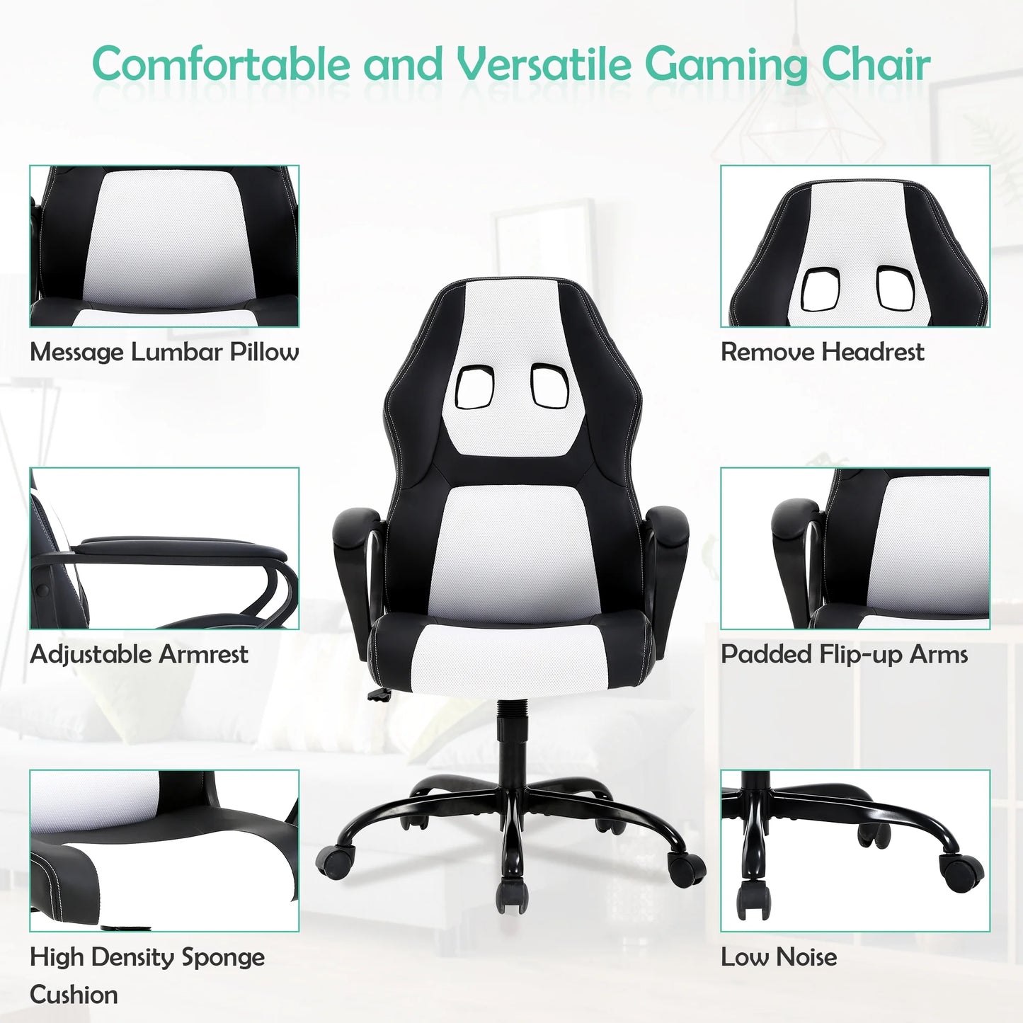 Gaming Chair PC Gaming Chair Gaming Chairs for Adults, Computer Chair PU Leather Office Desk Chair with Arms & Back Ergonomic High-Back Video Game Chair(White)