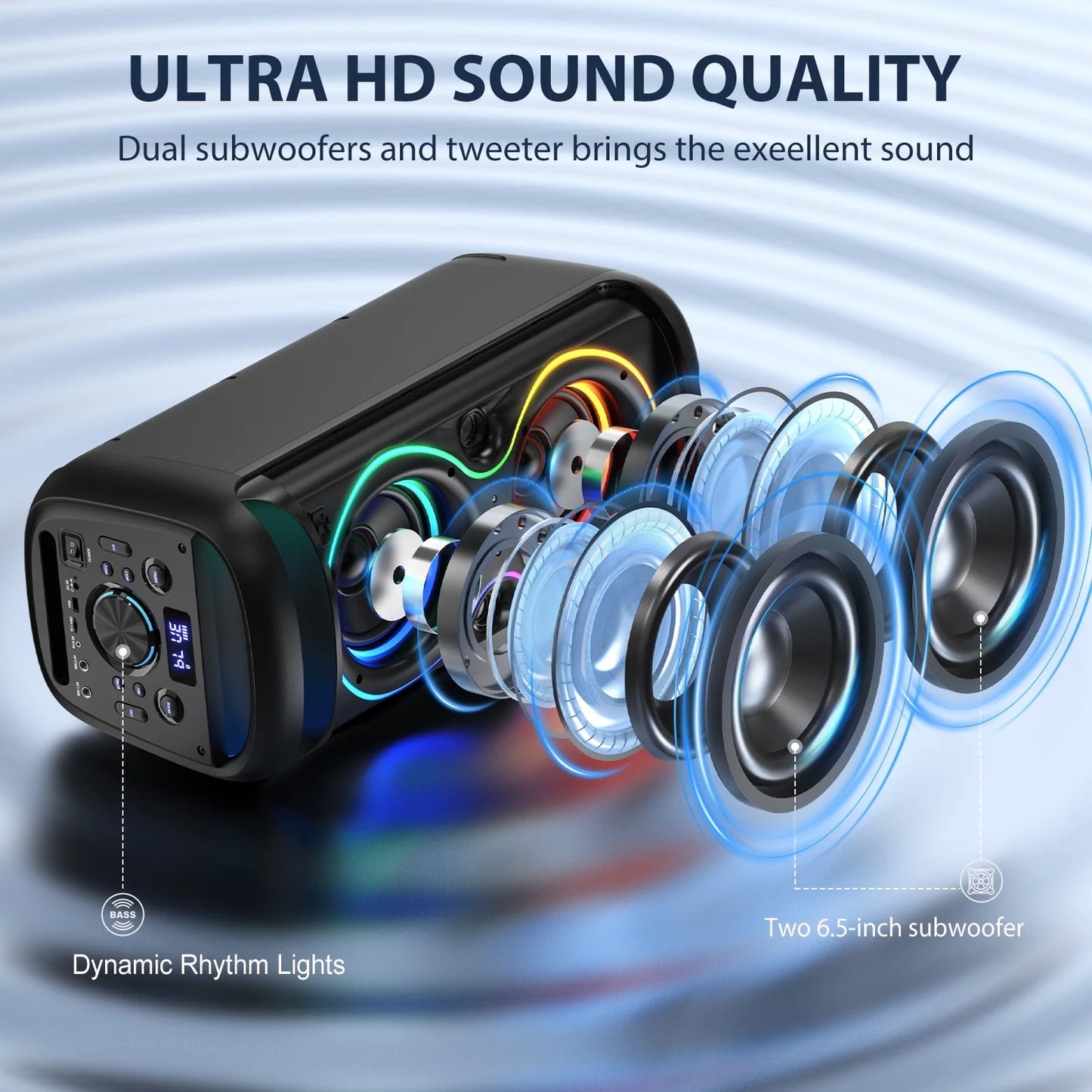 Speaker, Big Bluetooth Speaker with DJ Lights, Portable Wireless Large Party Speaker with Remote Control for Outdoor