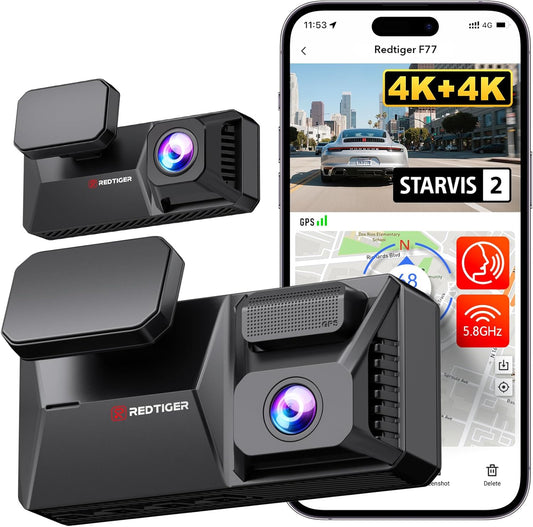 F77 4K+4K Dash Cam Front and Rear, Dual STARVIS 2 IMX678 HDR, Built-In 128GB Emmc, Voice Control Dash Camera for Cars with 5.8Ghz Wifi, 4'' Touch Screen, GPS, Night Vision, 24H Parking Mode